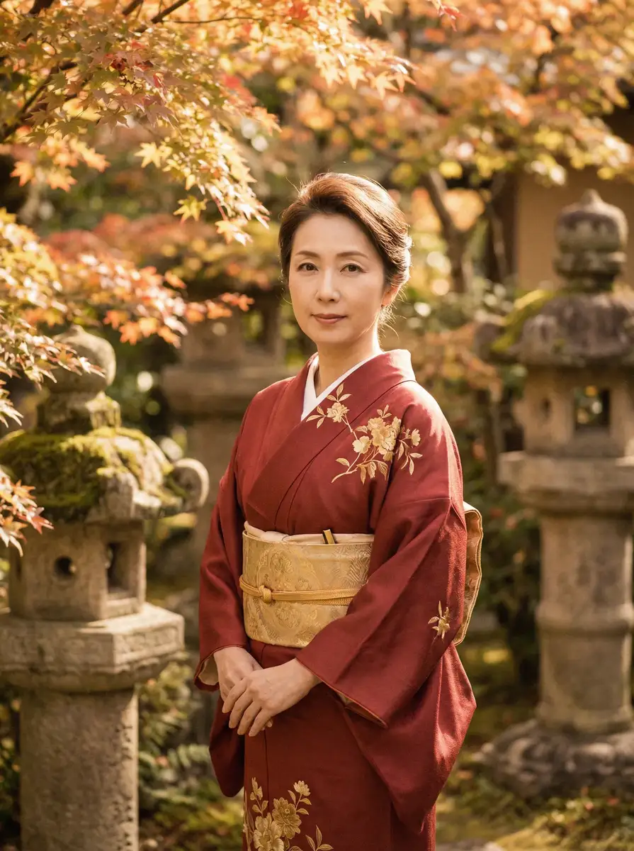 一位身穿暗红色和服的优雅 吃瓜五一::吃瓜五一免费观看-吃瓜五一交流社区 在日式庭院中